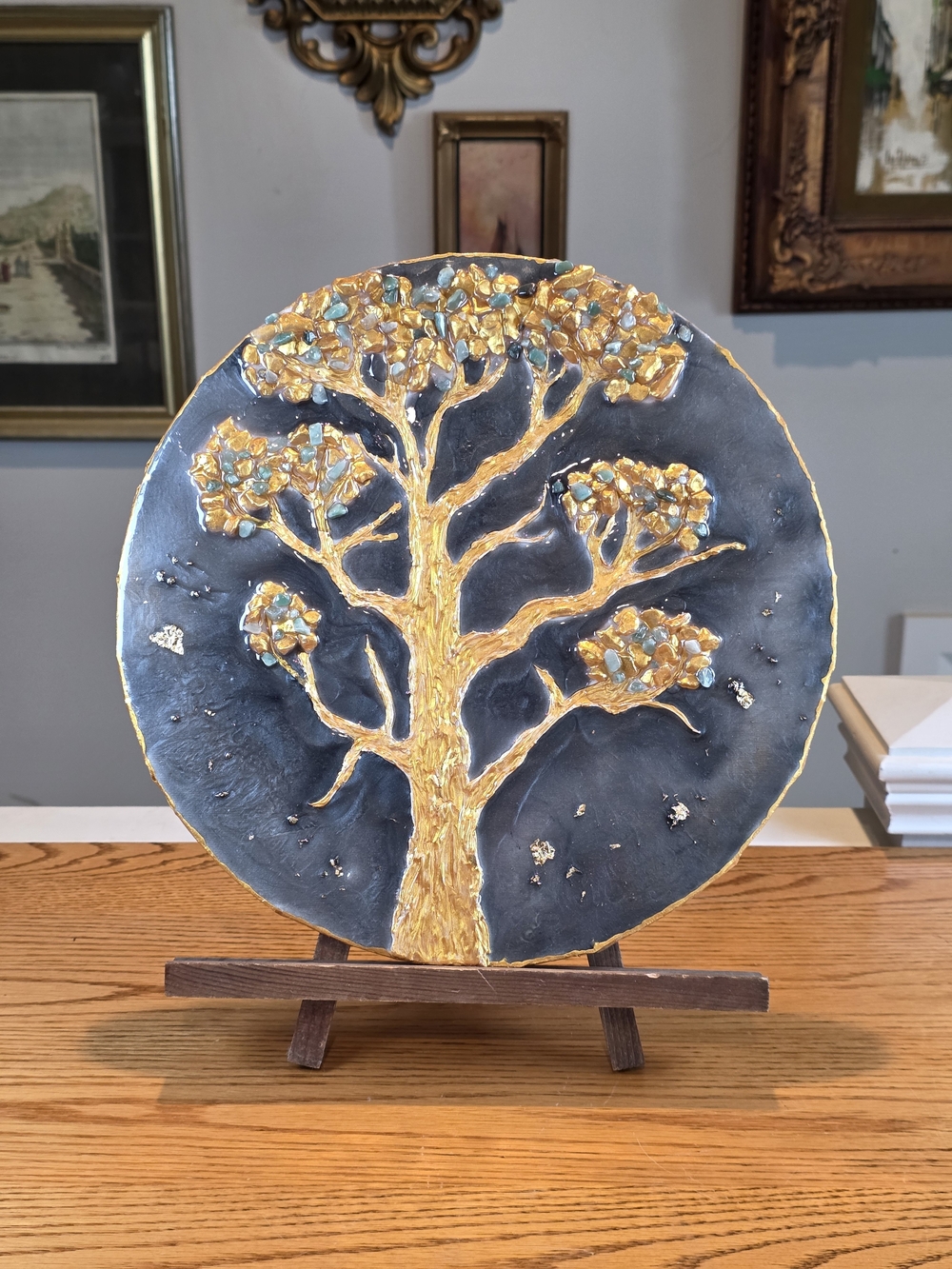 Handcrafted Gold Tree of Life Resin Art - 12" Round Crystal Canvas Wall Painting